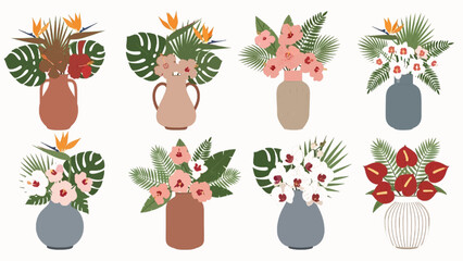 Vase with flowers. Various plants in ceramic vases. Tropical blooming flower, leaves. Modern pottery with bouquets for interior decor vector set. Beautiful floral elements for decoration