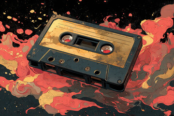 Vintage Cassette on Artistic Canvas: A retro cassette tape rests elegantly on a background of abstract paint splatter, evoking the nostalgia of music recording and listening.