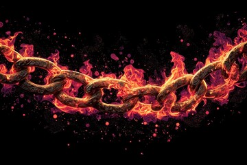 Inferno Chain: Fiery chain against black background, symbolizing strength, destruction, power and overcoming obstacles. Illustrating the fierce intensity of the burning links.