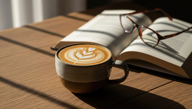 Cup of latte with latte art beside open book and glasses, on wooden table with sunbeams casting shadows, representing cozy morning, leisure reading and relaxed daily routine