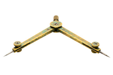 Vintage brass drafting compass tool for geometry and drawing isolated on a transparent background