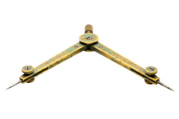 Vintage brass drafting compass tool for geometry and drawing isolated on a transparent background