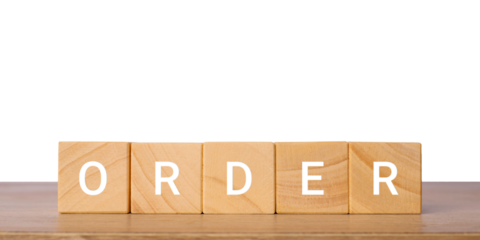 Wooden blocks with word order for online shopping and payment concept, isolated on transparent background