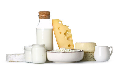 Different dairy products on white background