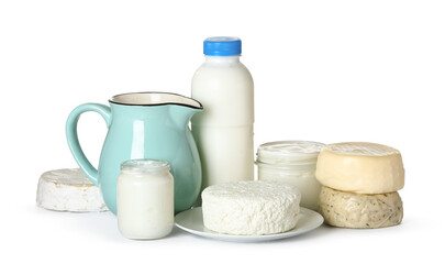 Different dairy products on white background