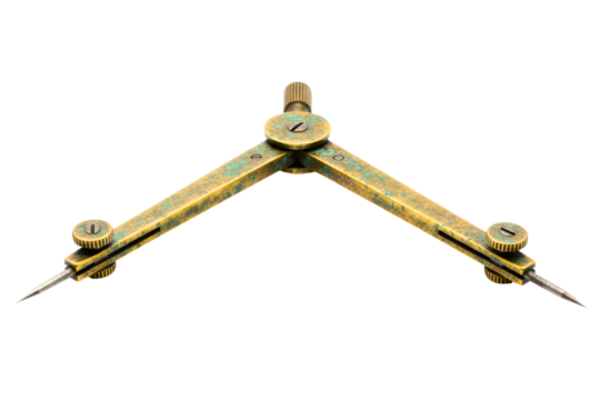 Vintage brass drafting compass tool for geometry and drawing isolated on a transparent background