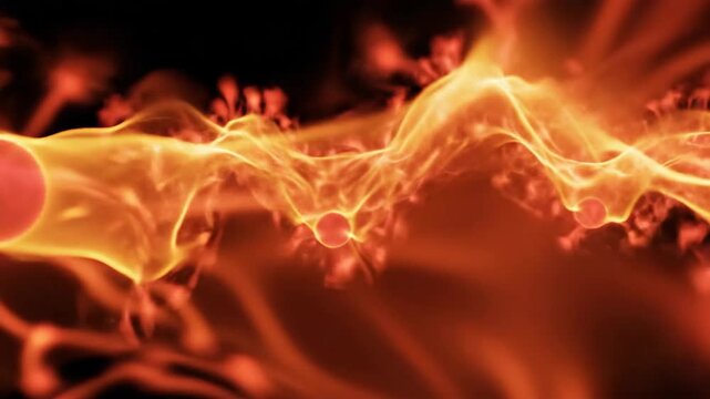 Abstract fiery energy wave flowing through microscopic orbs