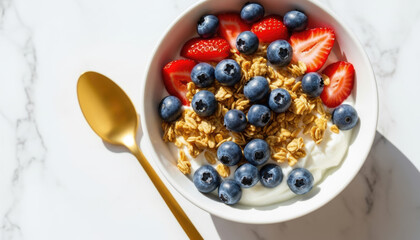Yogurt bowl topped with granola, fresh blueberries and strawberry slices, paired with golden spoon on marble surface, representing healthy breakfast and nutritious morning meal.