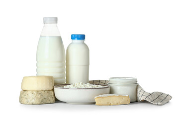 Different dairy products with napkin on white background