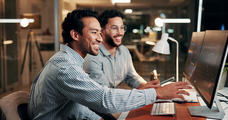 Night, men and team with computer screen, office and smile for stock market or investment on website. Check, trading dashboard and people with tech for data analysis, working late and graphs on app