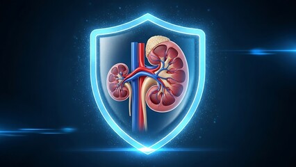 Human kidney anatomy inside protective shield on a dark blue background with light effects
