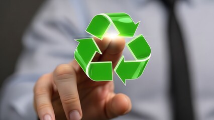 Green recycle symbol held by a person's finger, symbolizing environmental care and sustainability