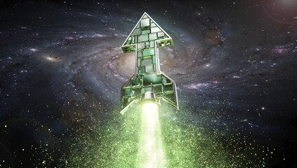 Futuristic 3D stock chart rising sharply with a glowing rocket launching from the peak, neon lights, dark holographic environment, cinematic depth. AI Generated.