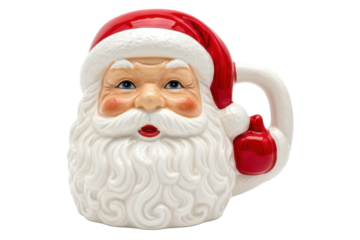 Ceramic Santa Claus head mug with red hat and white beard isolated on a transparent background