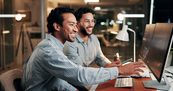 Night, men and team with computer screen, office and smile for stock market or investment on website. Check, trading dashboard and people with tech for data analysis, working late and graphs on app
