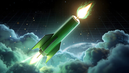 Futuristic 3D stock chart rising sharply with a glowing rocket launching from the peak, neon lights, dark holographic environment, cinematic depth. AI Generated.