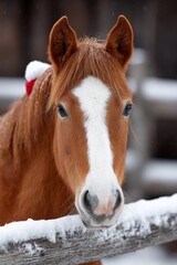 Fototapeta premium Charming Chestnut Horse Wearing Santa Hat Peeking Over Snowy Fence on Christmas Day Winter Scene
