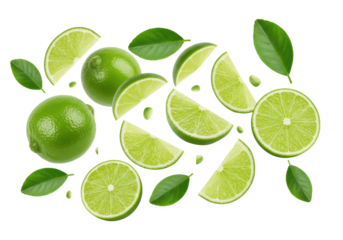 Fresh, vibrant green limes, halves, slices, wedges, and glossy leaves suspended mid-air against an immaculate white background with copy space, photorealistic commercial food photography concept