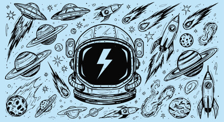 Cosmic adventure awaits astronaut helmet surrounded by planets rockets and stars
