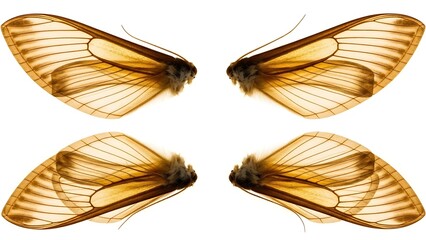 Four delicate transparent insect wings with intricate vein patterns, isolated