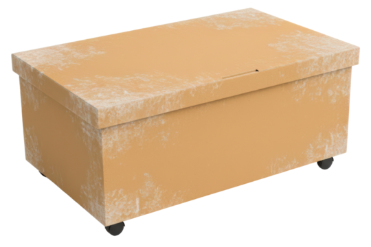 Brown cardboard storage chest box with lid and black caster wheels isolated on a transparent background