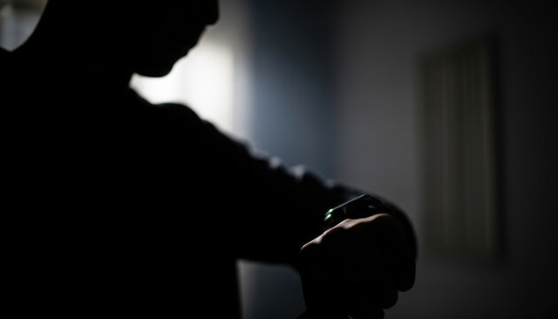 Anonymous male silhouette checking time on digital smart watch on wrist in dark room at night, moody shadow and dramatic window light in background.