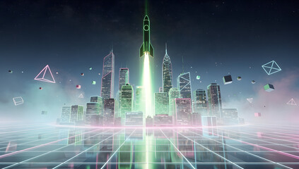 Futuristic 3D stock chart rising sharply with a glowing rocket launching from the peak, neon lights, dark holographic environment, cinematic depth. AI Generated.