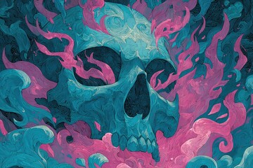 Abstract Skull: A vibrant artistic depiction of a skull, shrouded in ethereal, swirling smoke and intense hues, showcasing a fusion of art and macabre symbolism.