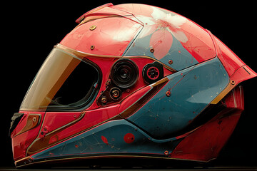 Racing Helmet Artistry: A striking close-up unveils a vibrant racing helmet, its red and blue panels adorned with intricate designs.