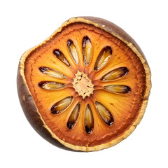 Close-up of a dried Bael fruit slice with seeds