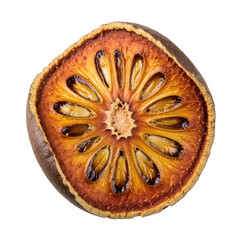 Close-up of a Dried Bael Fruit Slice on White Background
