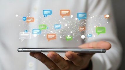 Smartphone displaying colorful speech bubbles and network connections in 3d