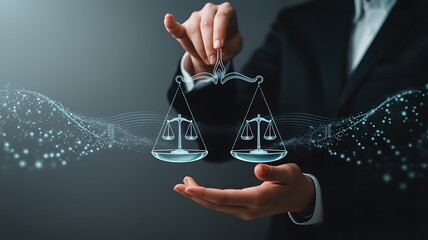 A person in a suit holding a digital representation of the scales of justice symbolizing legal fairness and digital law in the modern era