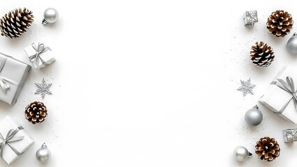 Rustic silver christmas gift border with pinecones