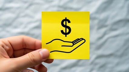Hand holds yellow sticky note with dollar sign and open palm drawing