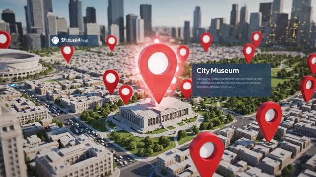 City map with location markers illustration overhead view of urban area with red pointers showing points