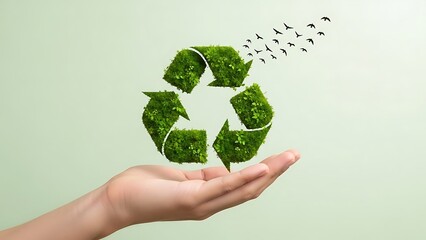 Green recycle symbol made of plants held in hand with birds flying above