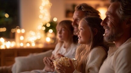 Family enjoying movie night with popcorn and warm lights in cozy living room