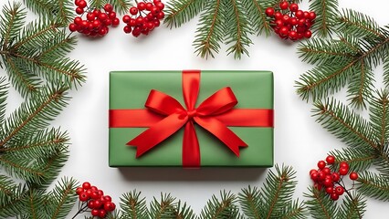 Green christmas gift box with red ribbon surrounded by fir branches
