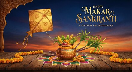 Happy Makar Sankranti 2026, minimalistic poster/banner for Sankranti theme wishes