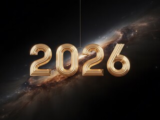 Golden 2026 balloons float against a dark cosmic background with swirling nebulae and distant stars celebrating the upcoming year