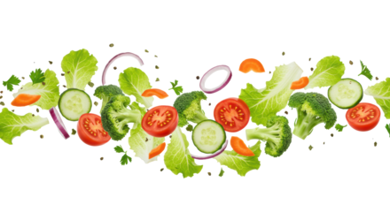 Fresh green lettuce, red cherry tomatoes, cucumber, red onion, broccoli, and herbs floating dynamically in a wave on a white background with copy space, concept of vitality and fresh ingredients