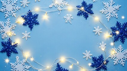 Blue and white snowflakes with warm fairy lights border