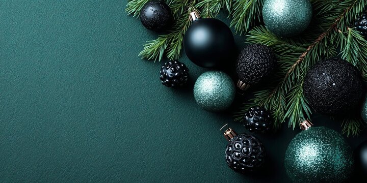 Christmas tree ornaments and pine branches dark teal background