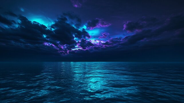Serene ocean view at twilight with dramatic clouds illuminated by vibrant colors, creating a tranquil and captivating atmosphere over the water
