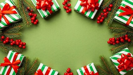 Christmas gift boxes and pine garland border on green