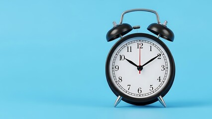 Close-up of a classic black alarm clock against a bright blue background.