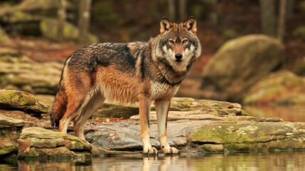 Fototapeta premium A majestic wolf stands on rocky terrain by a tranquil water source, showcasing its striking fur and keen gaze in a natural setting.