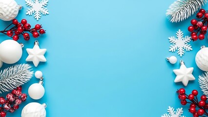 Festive blue christmas border with white ornaments and berries