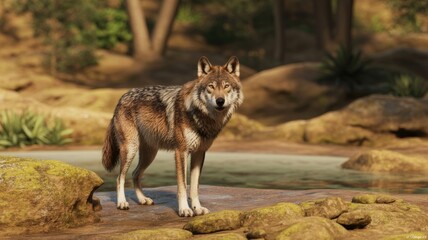 Fototapeta premium A realistic wolf stands near water, surrounded by rocks and greenery, showcasing its natural habitat in a serene setting.